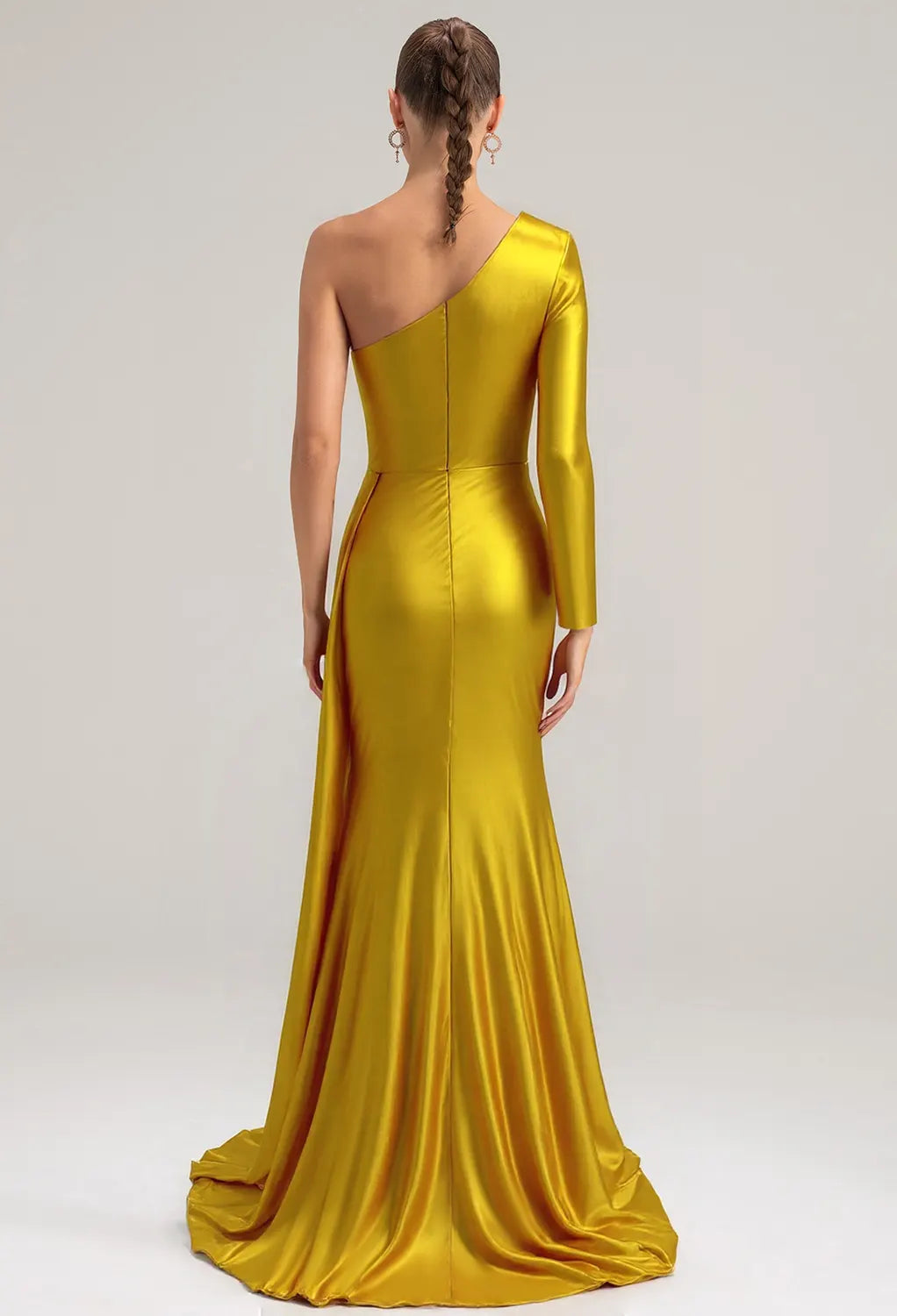 Mermaid One Shoulder Floor Length Prom Dresses Satin Long Sleeves Pleated Bodice Strapless Affordable Satin Evening Dresses